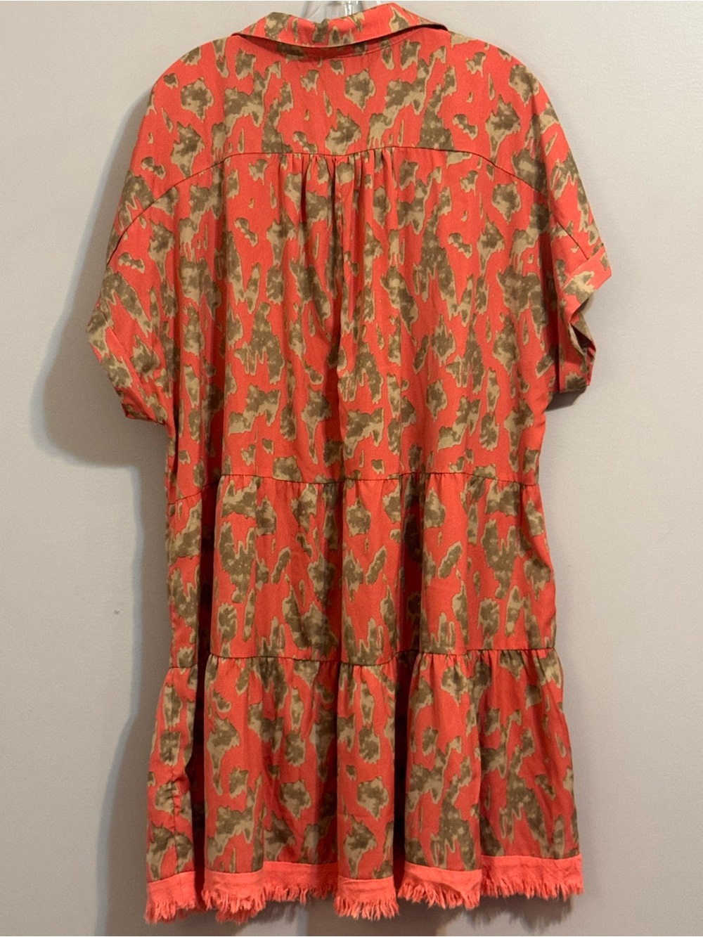 Umgee XL Coral Olive Abstract Print Tiered Dress Fringe Hem Boho Linen blend - Picture 4 of 5